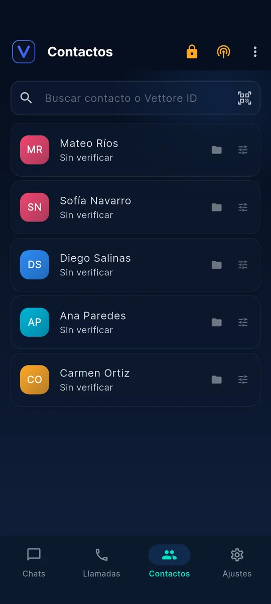 Lista de contactos de la app con su estado de verificación