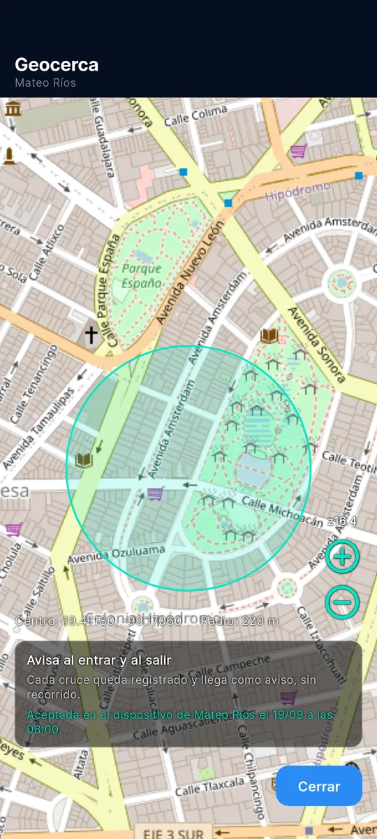 Geocerca circular dibujada sobre el mapa, aceptada por el contacto