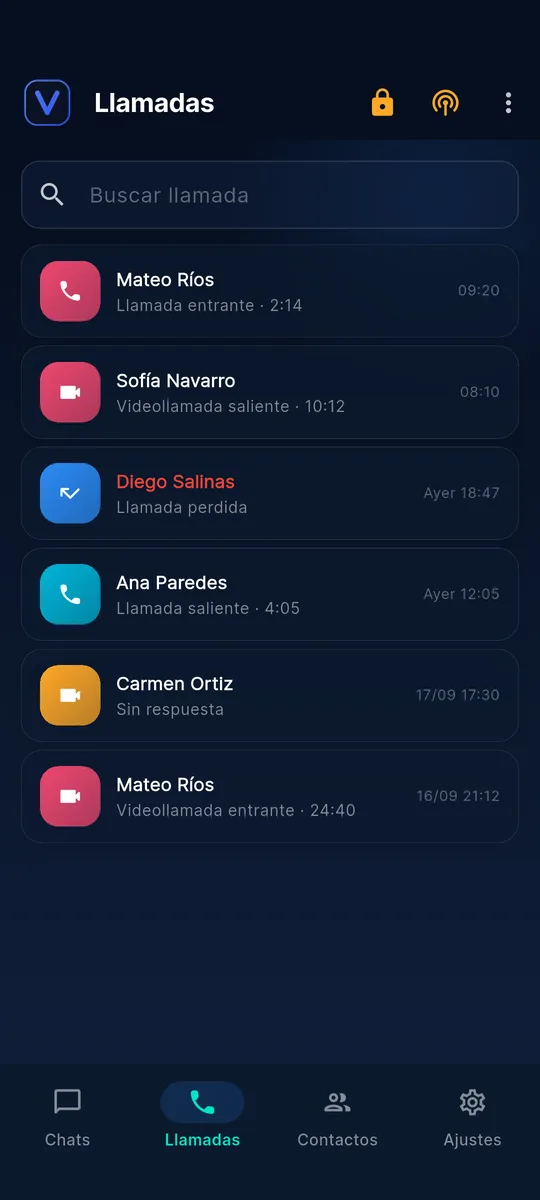Historial de llamadas y videollamadas de la app