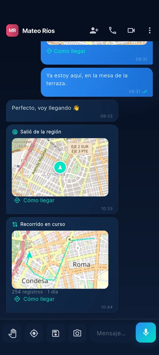 Burbuja de recorrido continuo en el chat, con el trazo sobre el mapa
