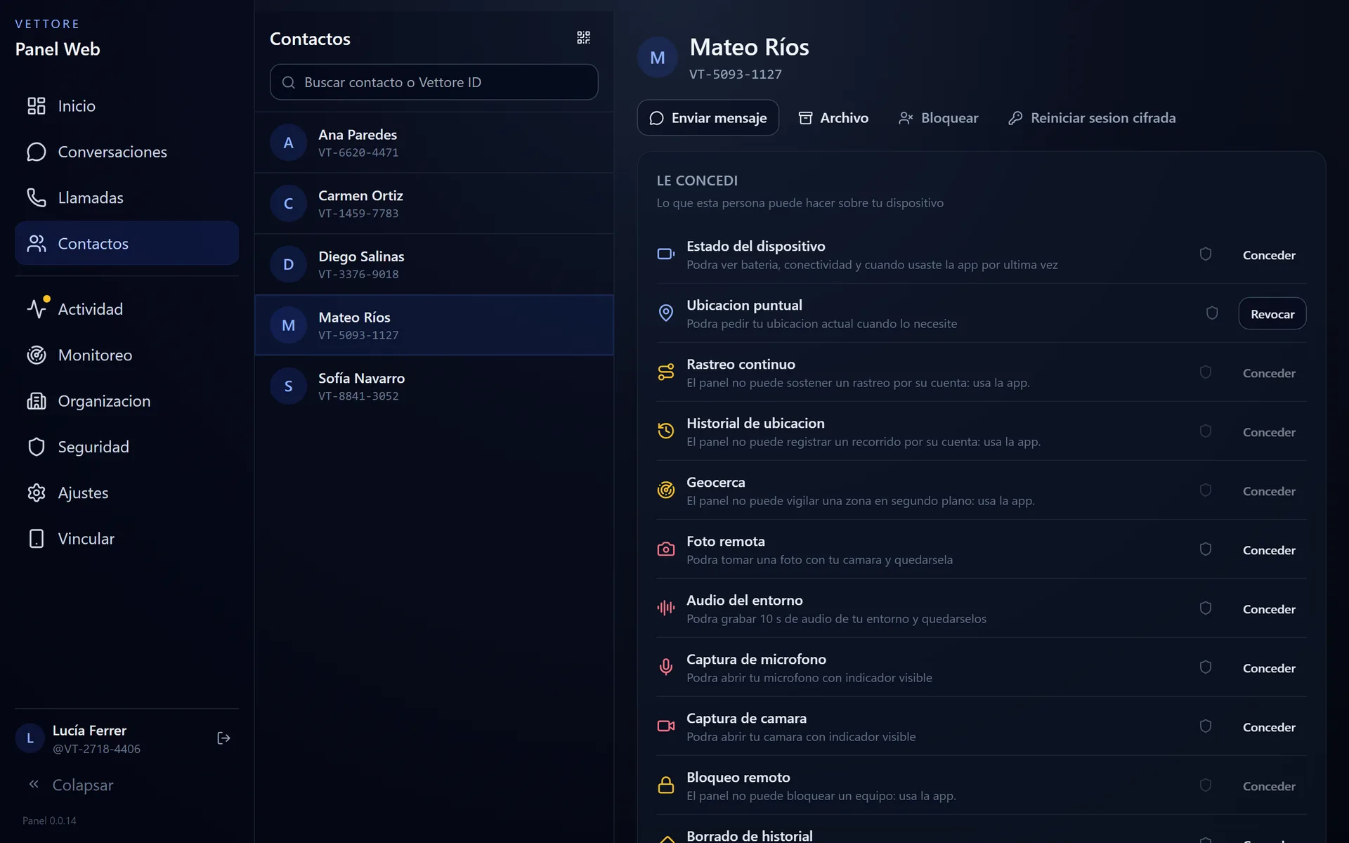 Ficha de un contacto en el panel web con sus permisos