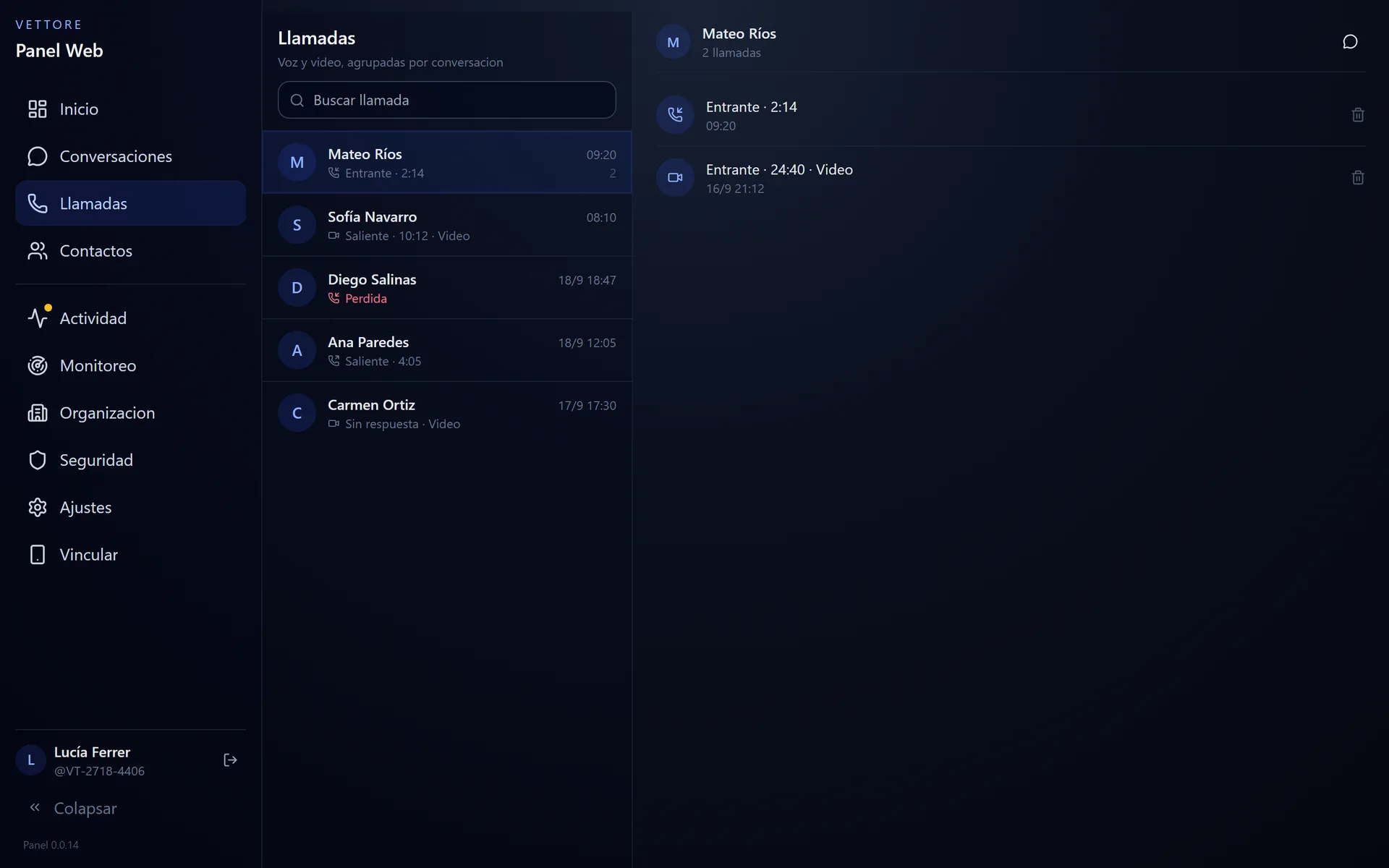 Historial de llamadas en el panel web, agrupado por conversación