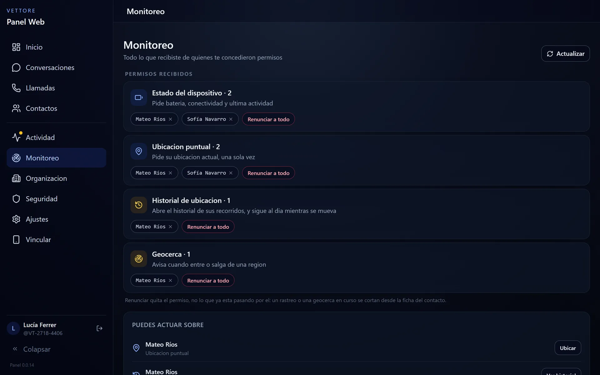 Pantalla de monitoreo del panel web con los permisos recibidos