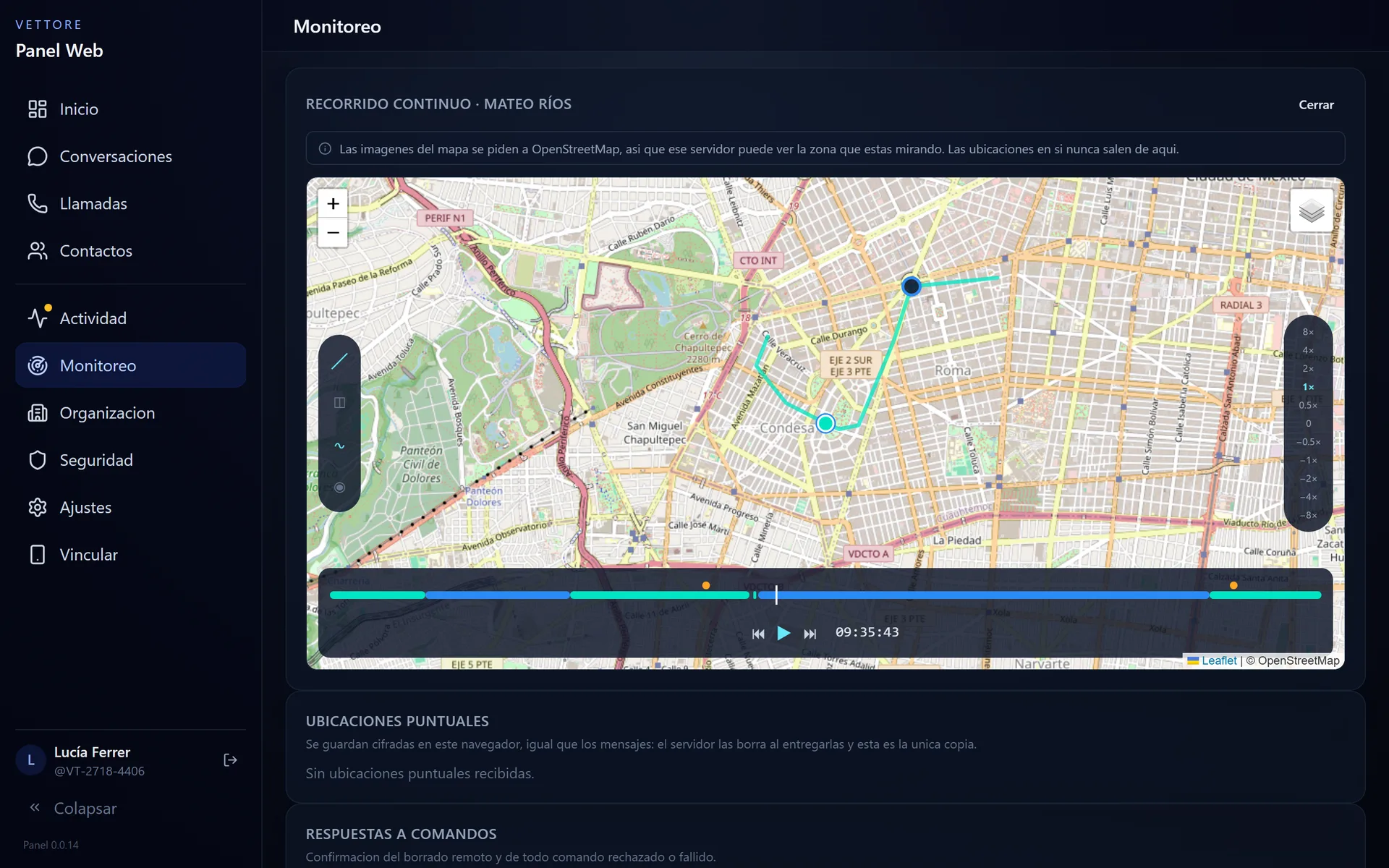 Recorrido continuo en el panel web con reproducción en el tiempo